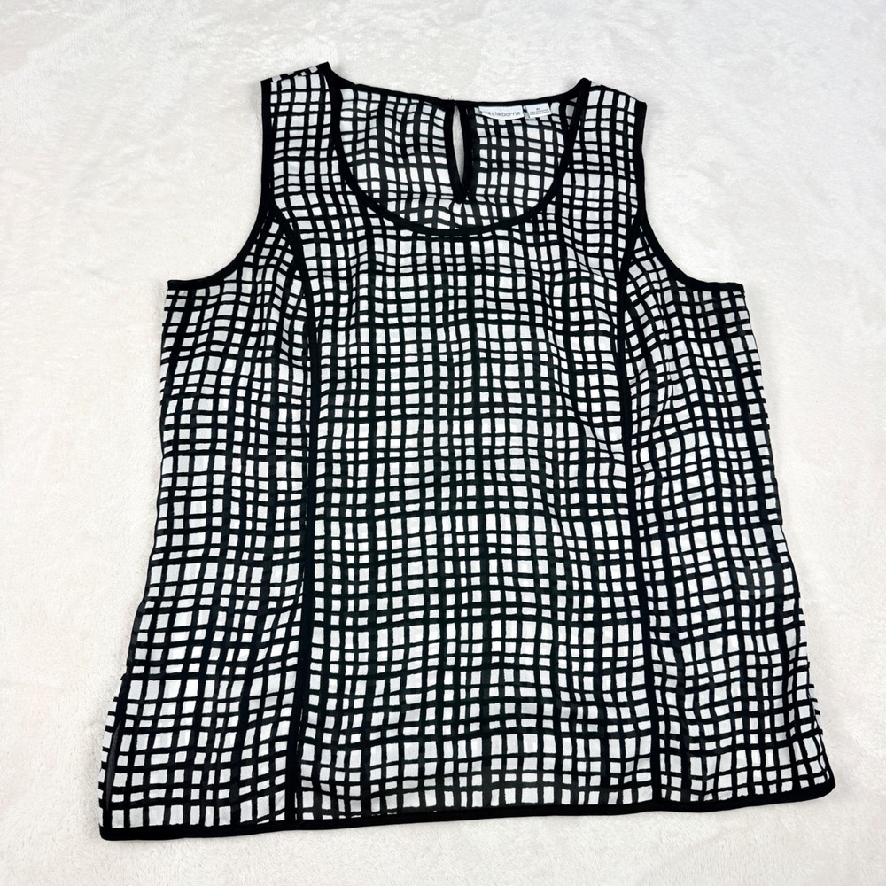 Liz Claiborne Grid Print Sleeveless Top Womens XL Black White Keyhole Back Shell